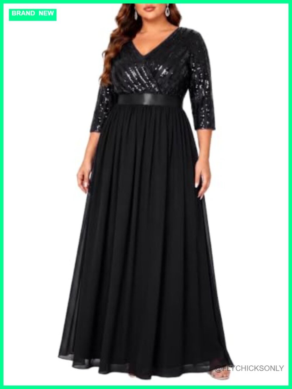 Plus Size Sequin Formal Prom Evening Maxi Dress 3/4 Sleeve